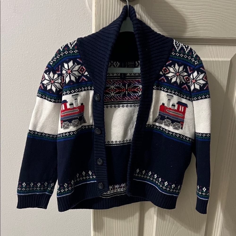 JANIE AND JACK Navy Blue Train Pattern Toddler Sweater
